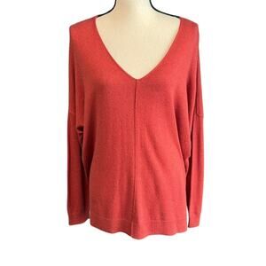 Leith Orange Long Sleeve Elongated V-Neck Casual Sweater Women's Large